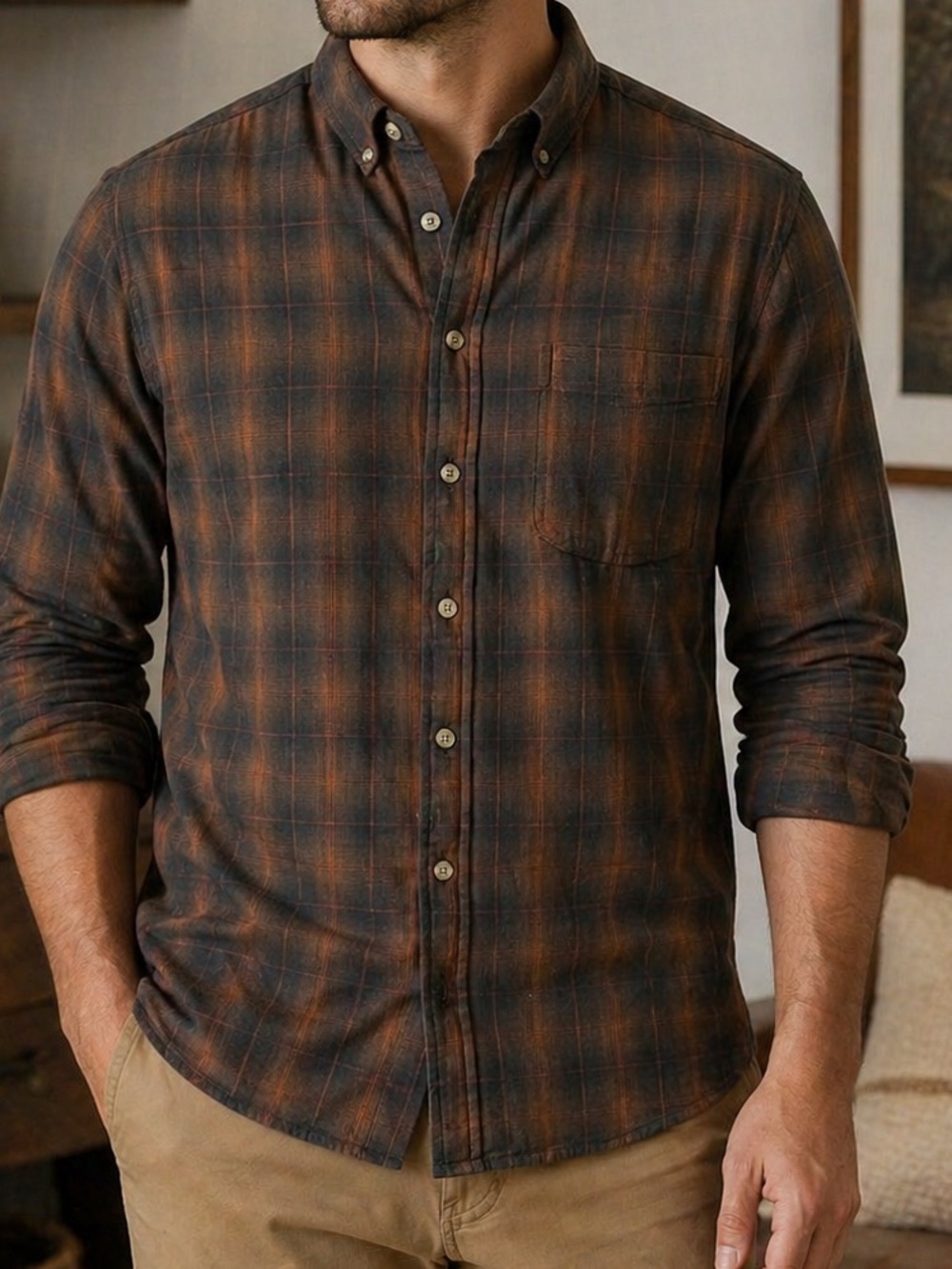Banana Republic Men's Brown & Black Plaid Button-Down Shirt